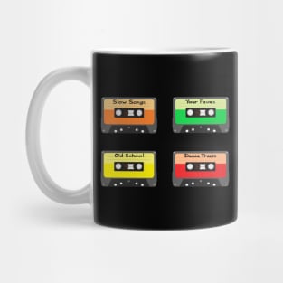 Mixtapes Pack. Set of Four Retro Cassette Mix Tapes in Vintage Colors. Slow Songs, Your Faves, Old School and Dance Tracks. (Black Background) Mug